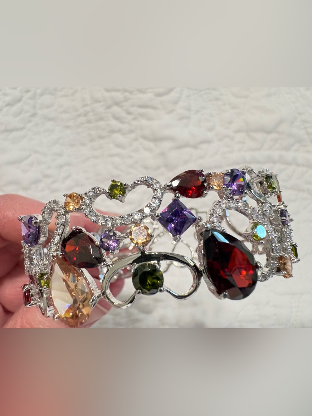 New Sterling Silver 925 Multicolor Pave Crystal Statement Cuff Bracelet - Picture 2 of 16